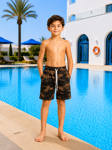 Boys Camouflage Swim Shorts – Quick-Dry Lightweight Beach Shorts in Brown & Black