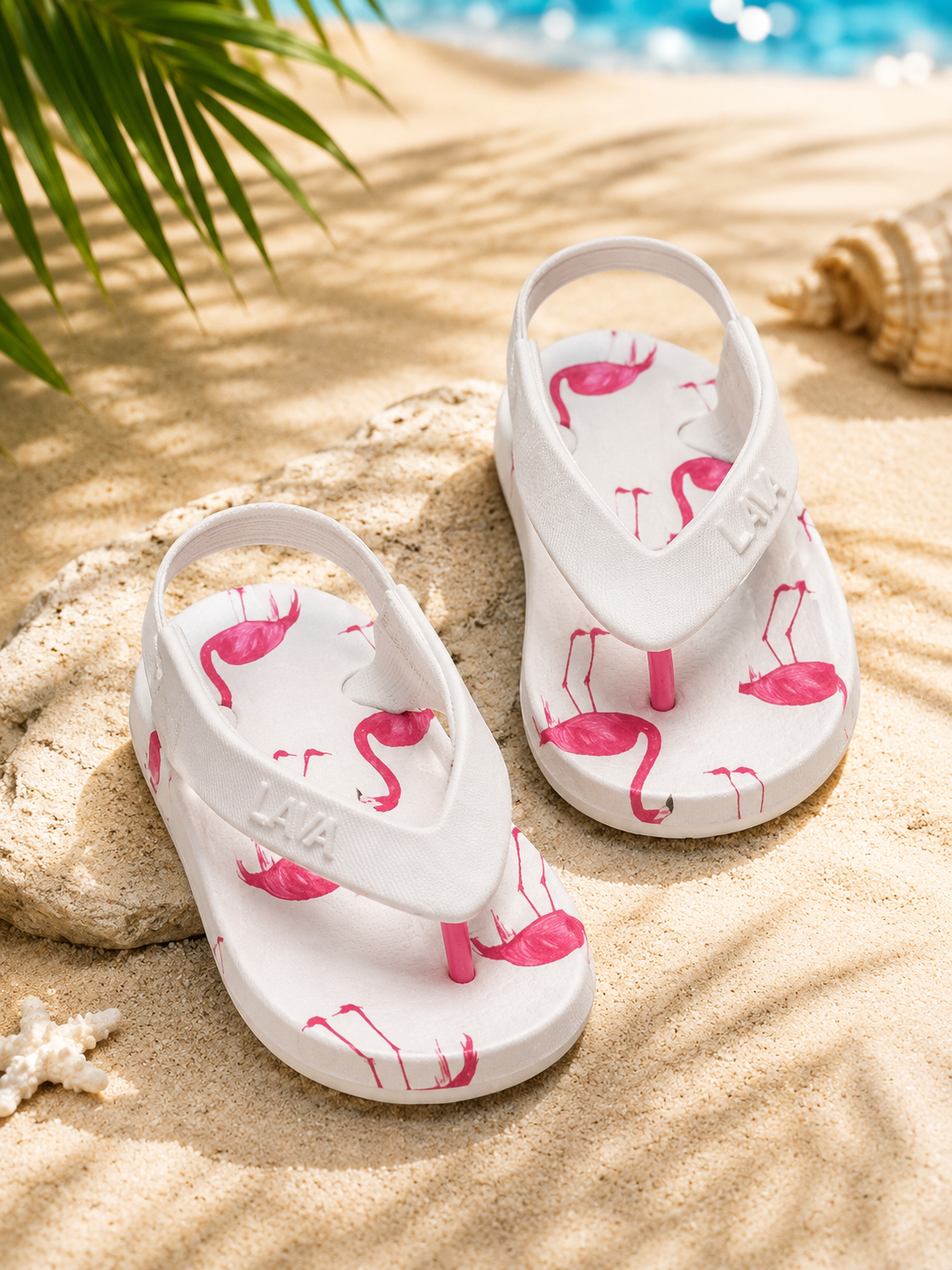 Girls' Flamingo Print Flip Flops with Elastic Back Strap – Lightweight White Summer Sandals