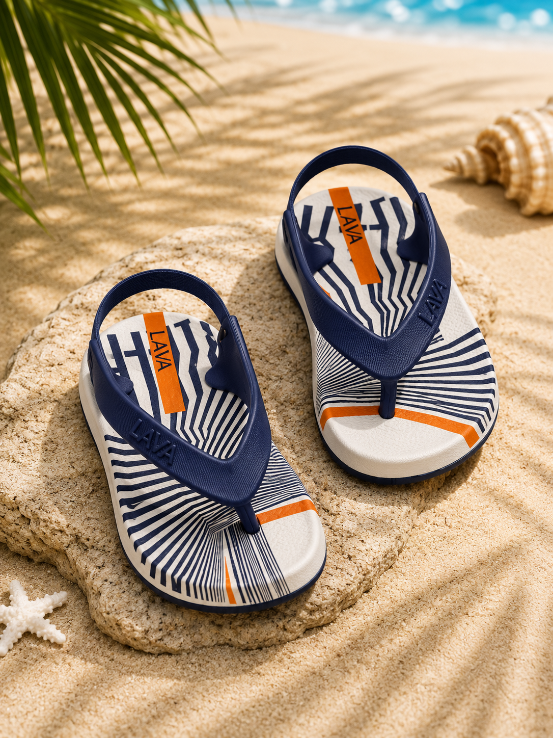 LAVA Kids Flip Flops with Back Strap – White & Navy Lightweight Beach Sandals | Comfortable Summer Footwear