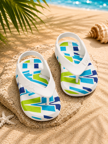 LAVA Kids Flip Flops with Back Strap – White Geometric Lightweight Beach Sandals