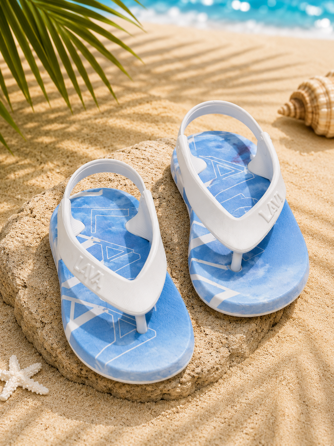 LAVA Kids Flip Flops with Back Strap – White & Sky Blue Lightweight Beach Sandals