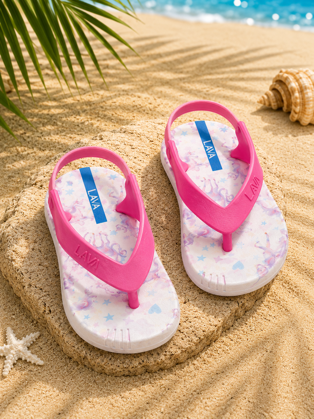 Girls' Unicorn Print Flip Flops with Elastic Back Strap – Lightweight Summer Sandals – Pink