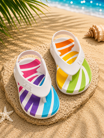 LAVA Kids Flip Flops with Back Strap – White Rainbow Print Lightweight Beach Sandals