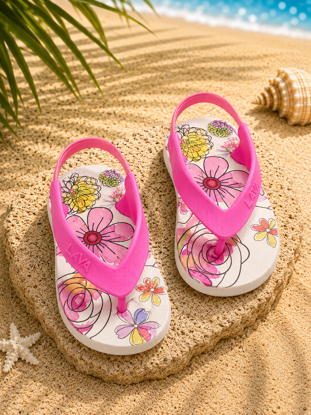 LAVA Girls Flip Flops with Back Strap – Pink Floral Lightweight Beach Sandals