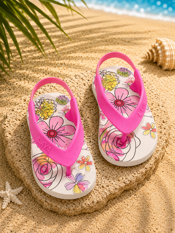 LAVA Girls Flip Flops with Back Strap – Pink Floral Lightweight Beach Sandals