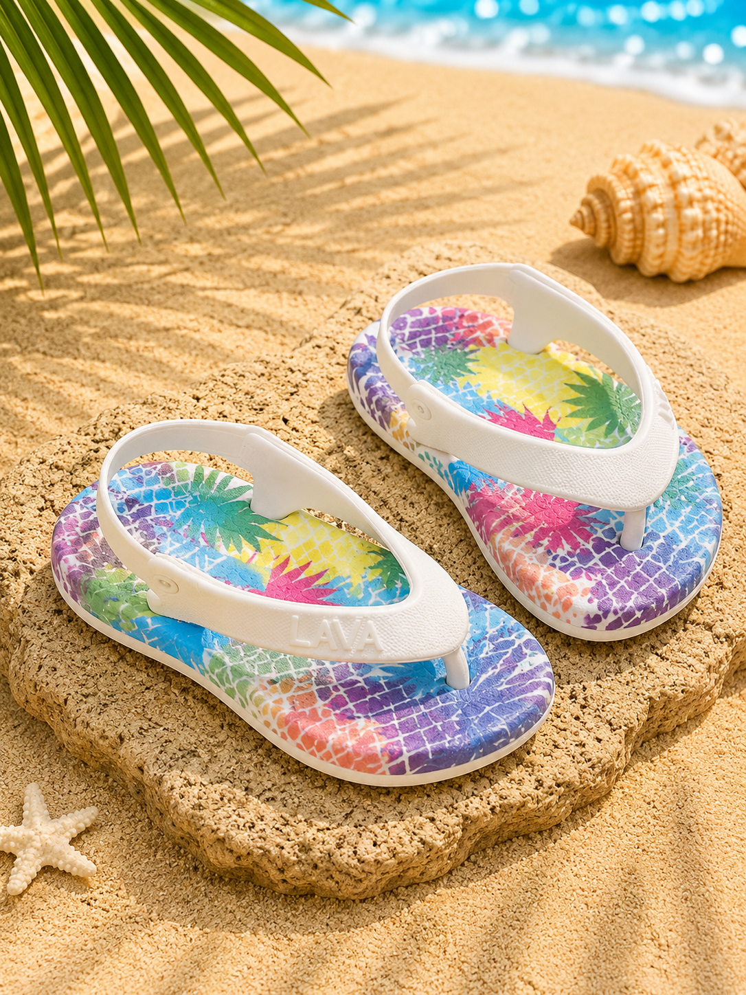 LAVA Kids Flip Flops with Back Strap – White Tropical Print Lightweight Beach Sandals
