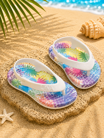 LAVA Kids Flip Flops with Back Strap – White Tropical Print Lightweight Beach Sandals