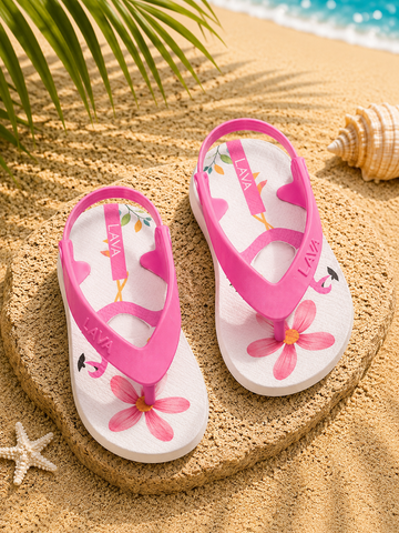 Girls' Floral Flip Flops with Elastic Back Strap – Lightweight Summer Sandals – Pink & White