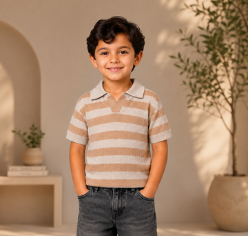Boys’ Striped Knit Polo Shirt – Soft Short Sleeve Casual Collared Top for Kids