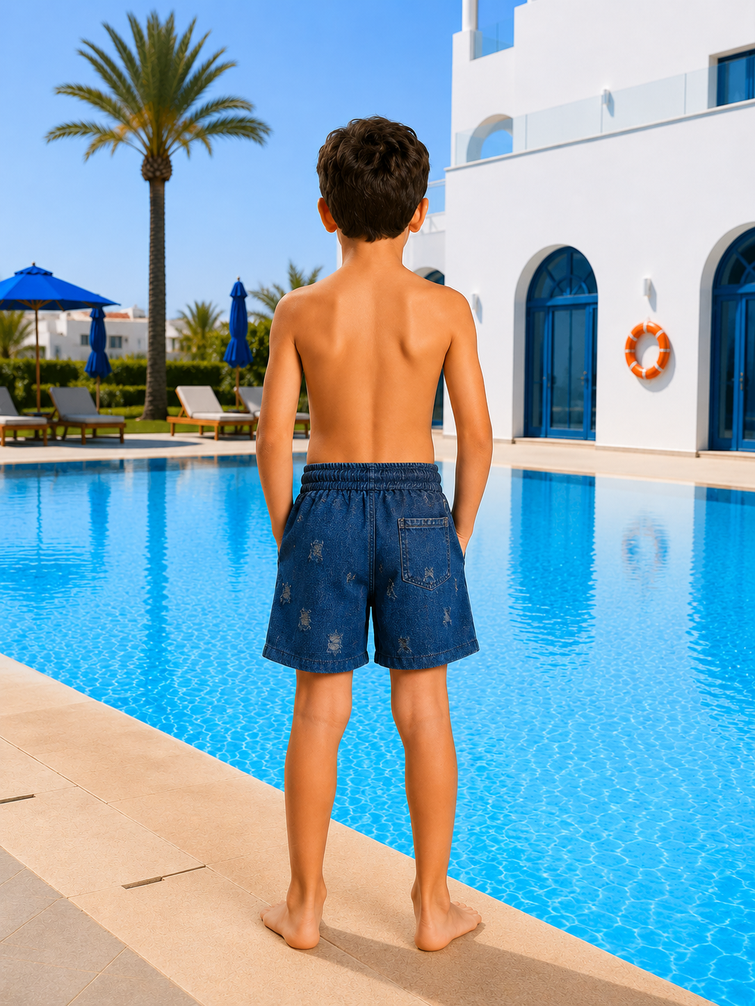Boys Denim Print Swim Shorts with Adjustable Drawstring Waist & Side Pockets