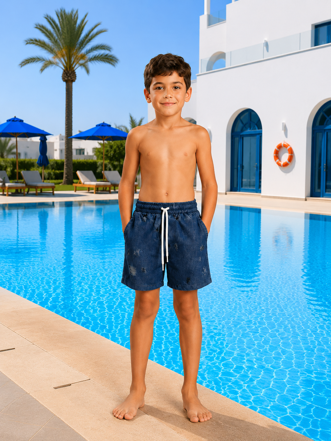 Boys Denim Print Swim Shorts with Adjustable Drawstring Waist & Side Pockets
