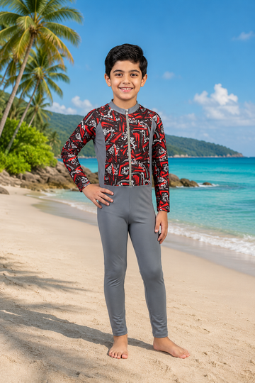 Boys Full Coverage Swimwear Set – Long Sleeve Printed UV Protection Swimsuit