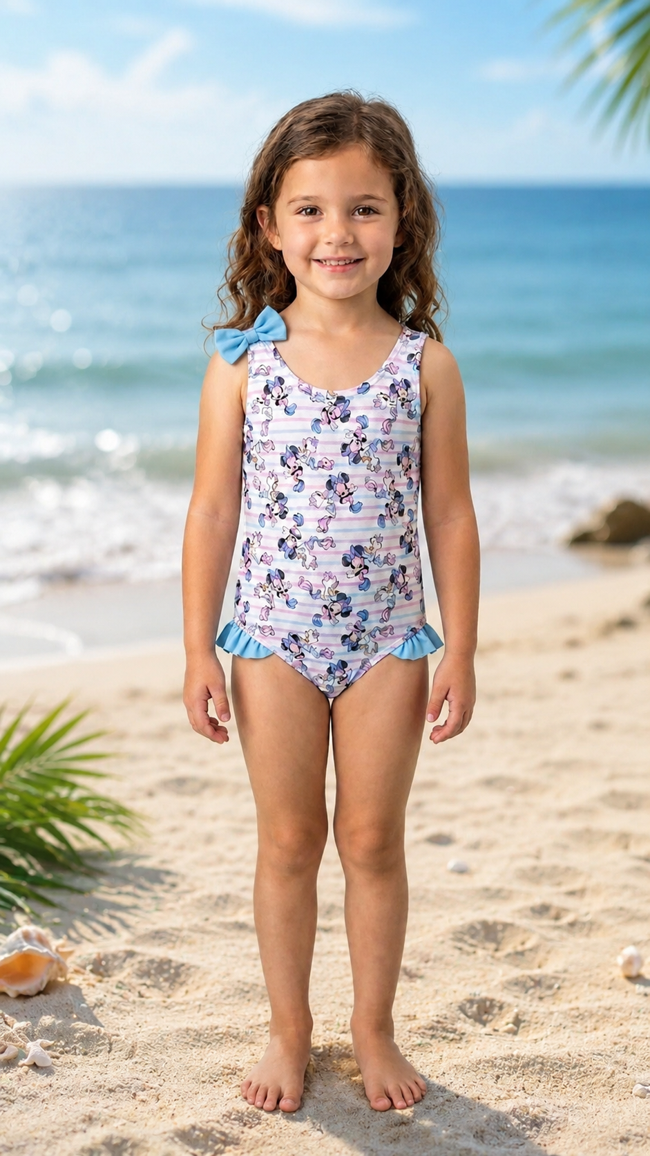 Girls Floral One-Piece Swimsuit – White & Blue Beach and Pool Swimwear