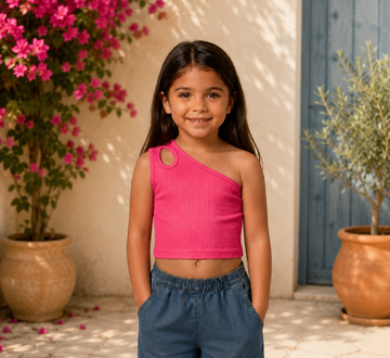 Girls Ribbed One-Shoulder Cutout Crop Top – Trendy Sleeveless Summer Top in Hot Pink