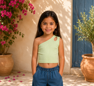 Girls Ribbed One-Shoulder Cutout Top – Trendy Sleeveless Summer Crop Top in Mint Green