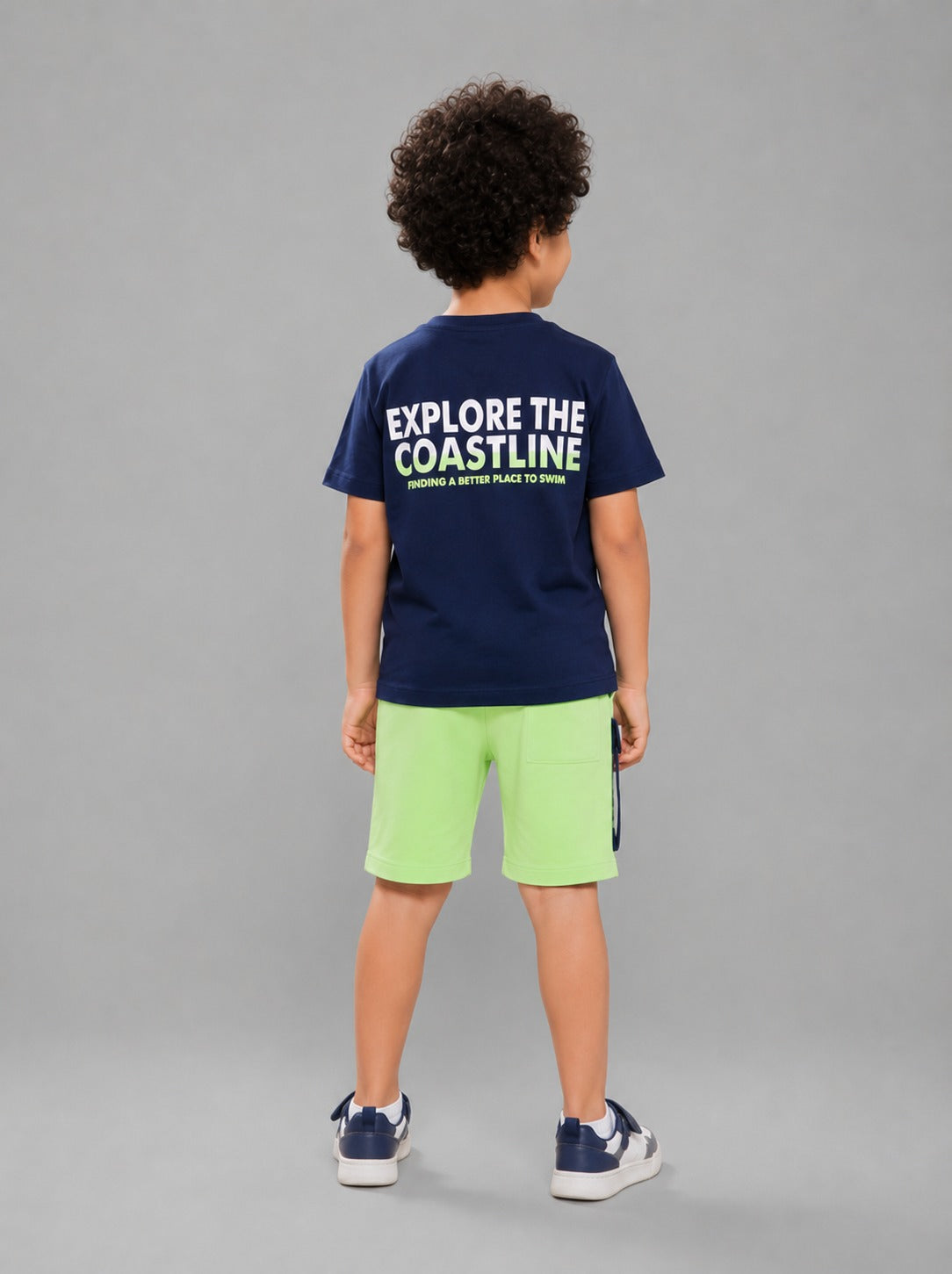 Boys Summer Pajama Set – Navy Graphic T-Shirt & Light Green Shorts