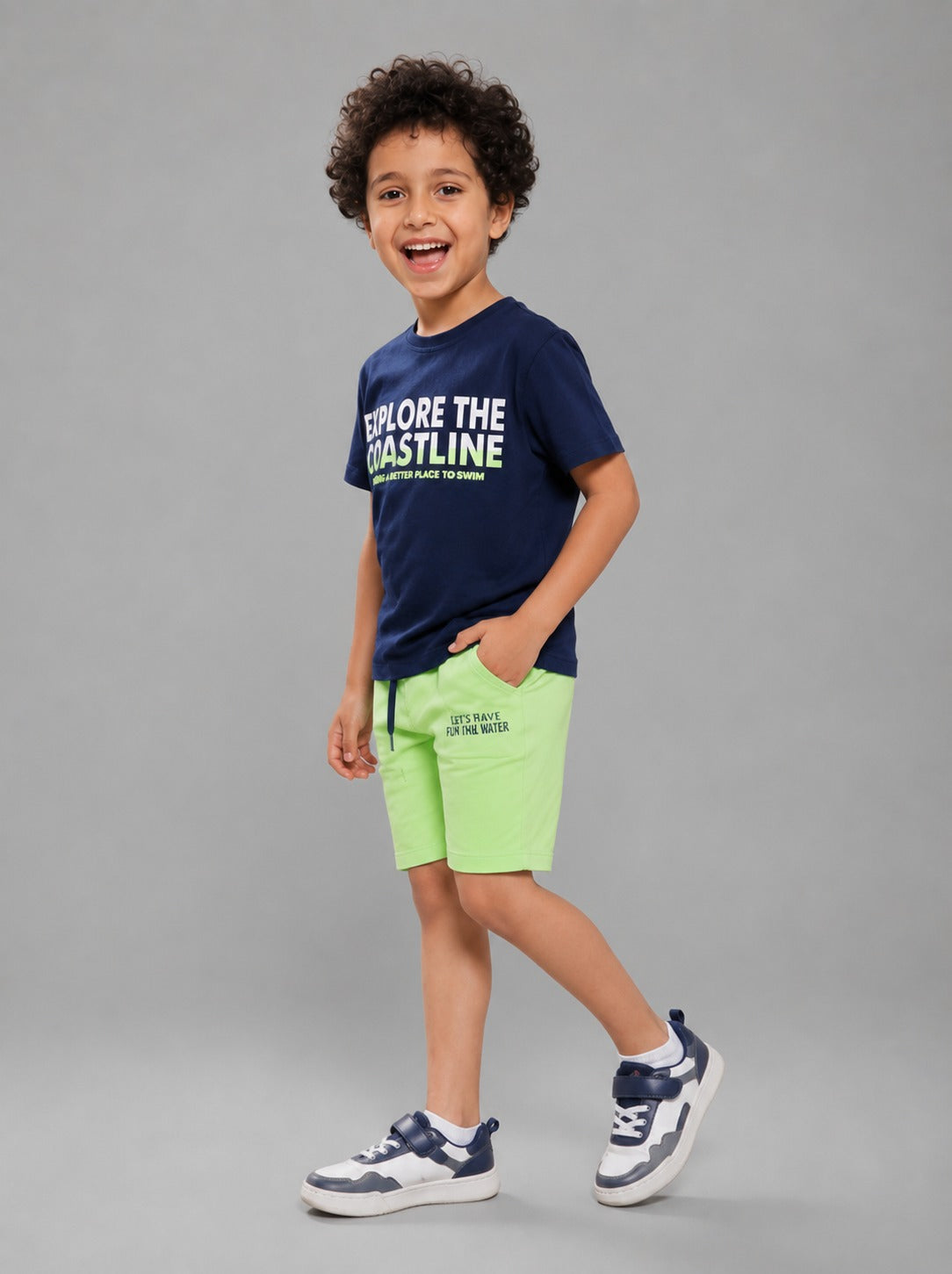 Boys Summer Pajama Set – Navy Graphic T-Shirt & Light Green Shorts