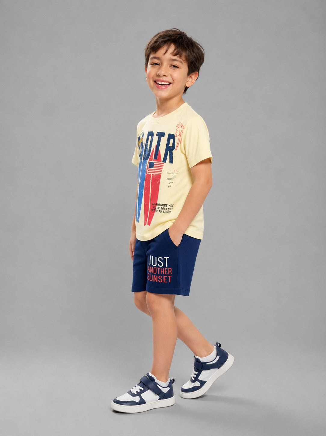 Boys Cactus Adventure Cotton T-Shirt & Shorts Set – Cream & Navy