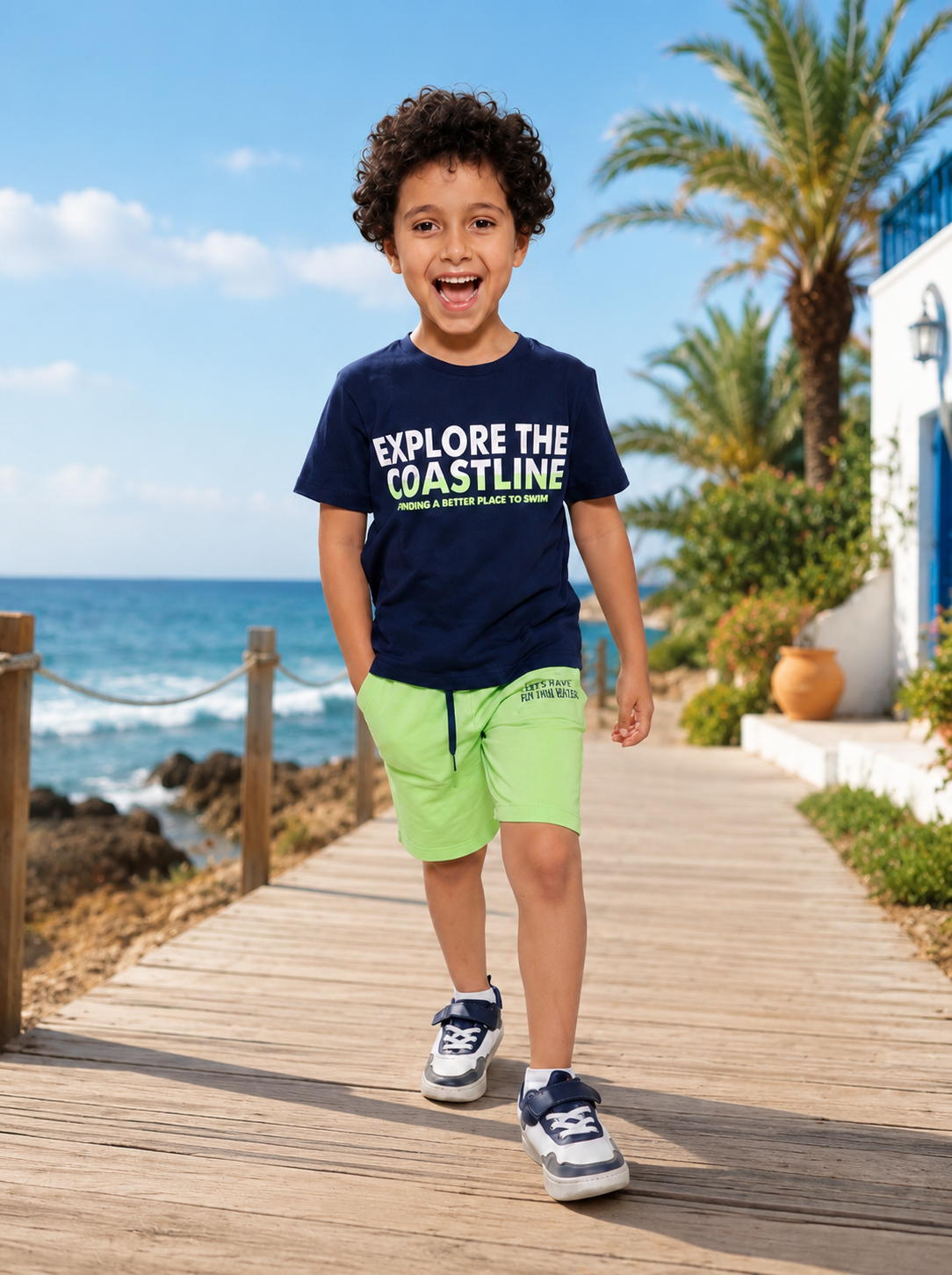 Boys Summer Pajama Set – Navy Graphic T-Shirt & Light Green Shorts
