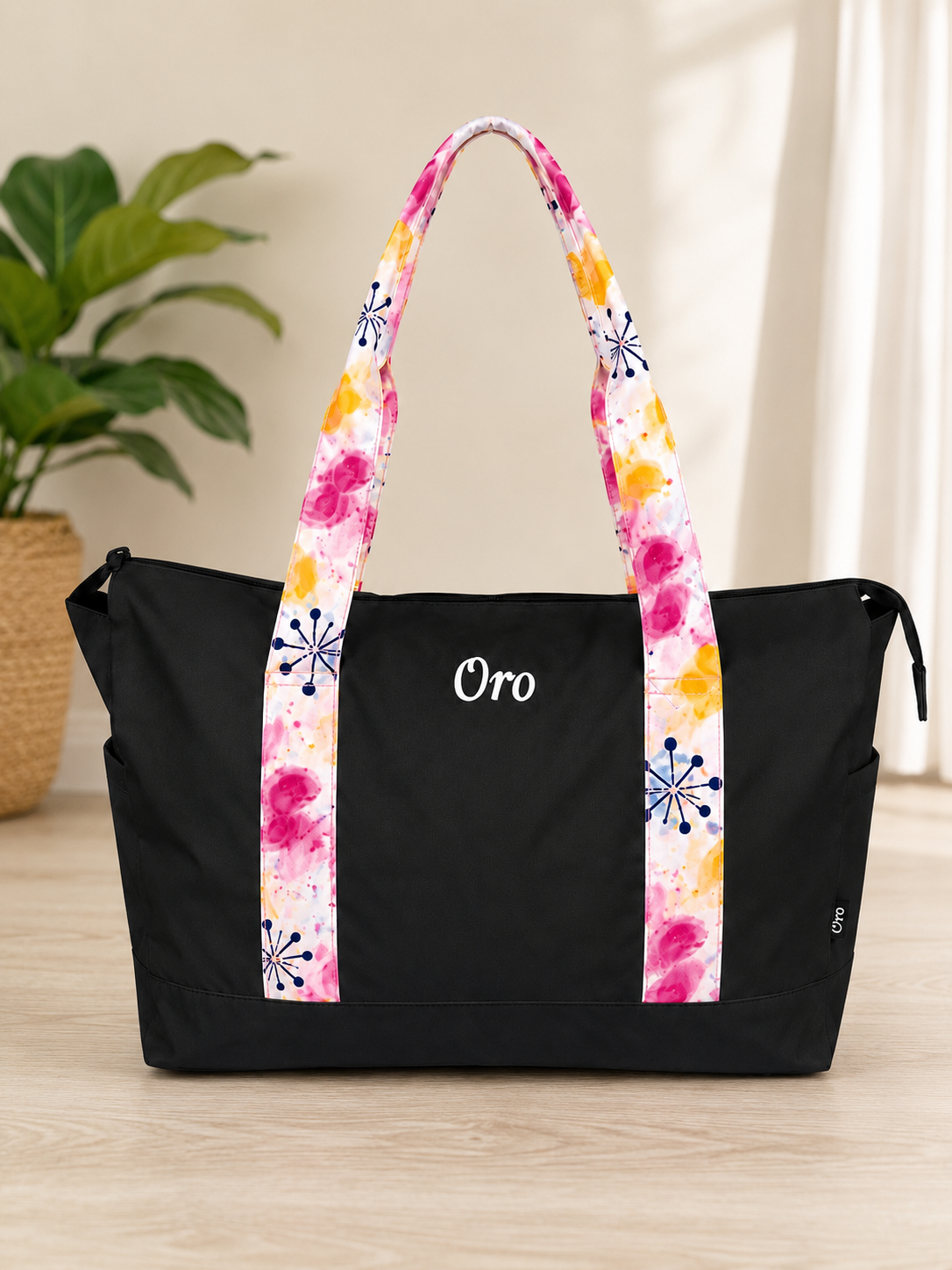 Oro Large Black Travel Tote Bag with Floral Straps | Lightweight Weekender & Gym Bag