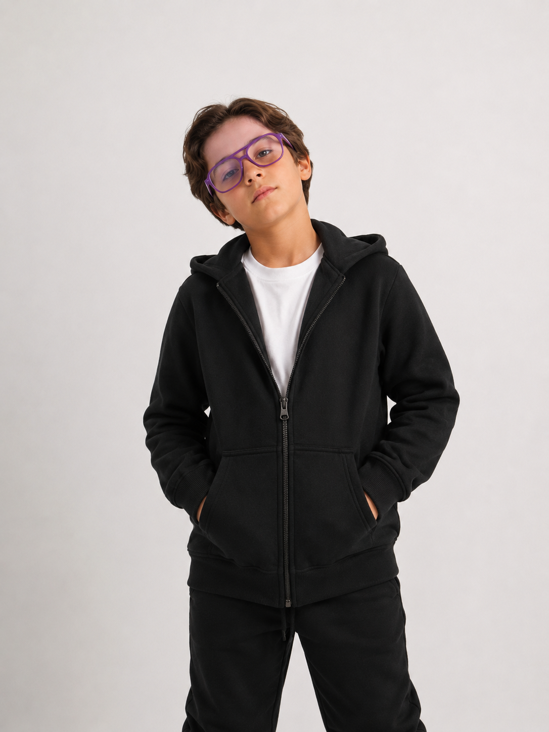 Boys’ Black School Hoodie – Zip-Up Hooded Sweatshirt with Front Pockets
