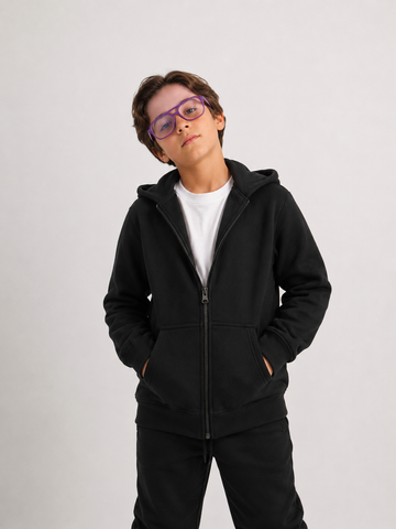 Boys’ Black School Hoodie – Zip-Up Hooded Sweatshirt with Front Pockets