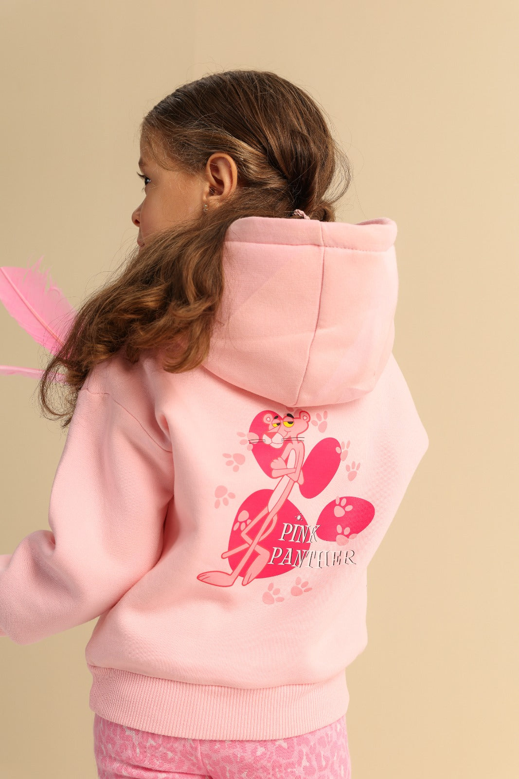 Girls’ Pink Panther Hoodie & Wide-Leg Pants Set – Pink Printed Casual 2-Piece Outfit
