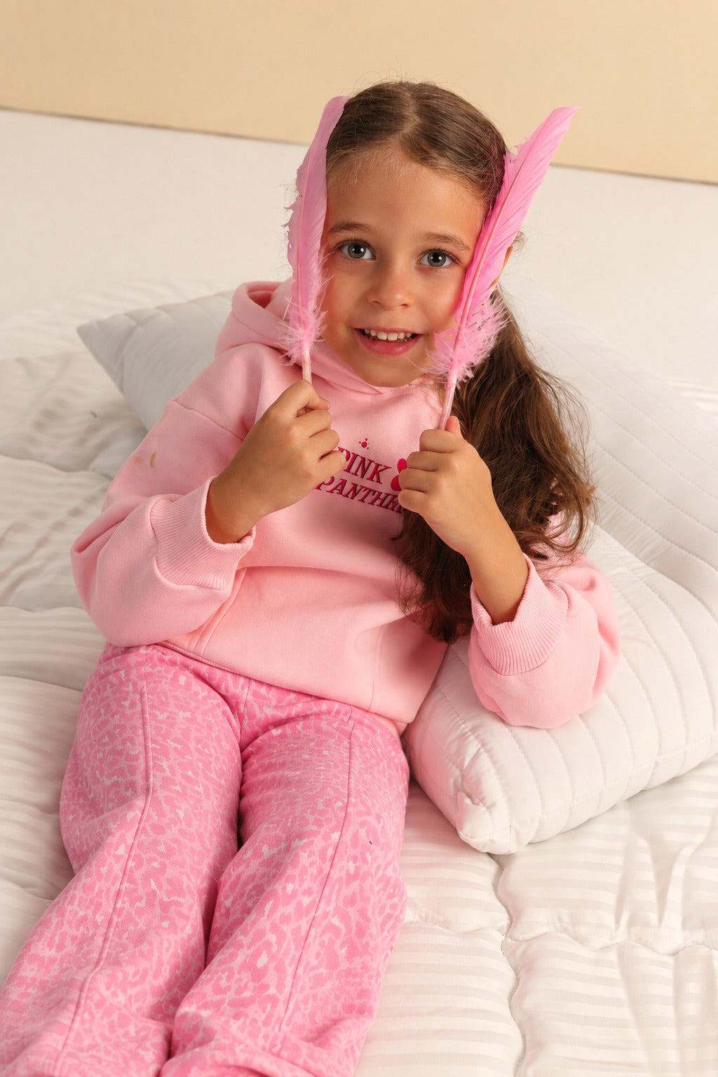 Girls’ Pink Panther Hoodie & Wide-Leg Pants Set – Pink Printed Casual 2-Piece Outfit