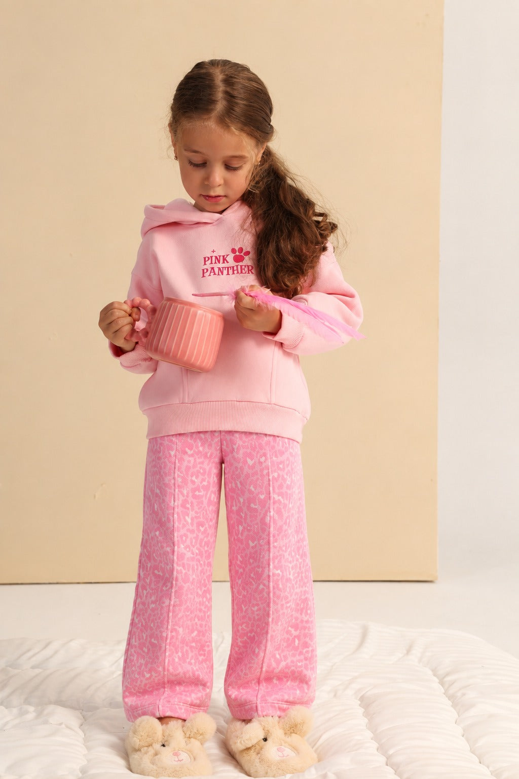 Girls’ Pink Panther Hoodie & Wide-Leg Pants Set – Pink Printed Casual 2-Piece Outfit