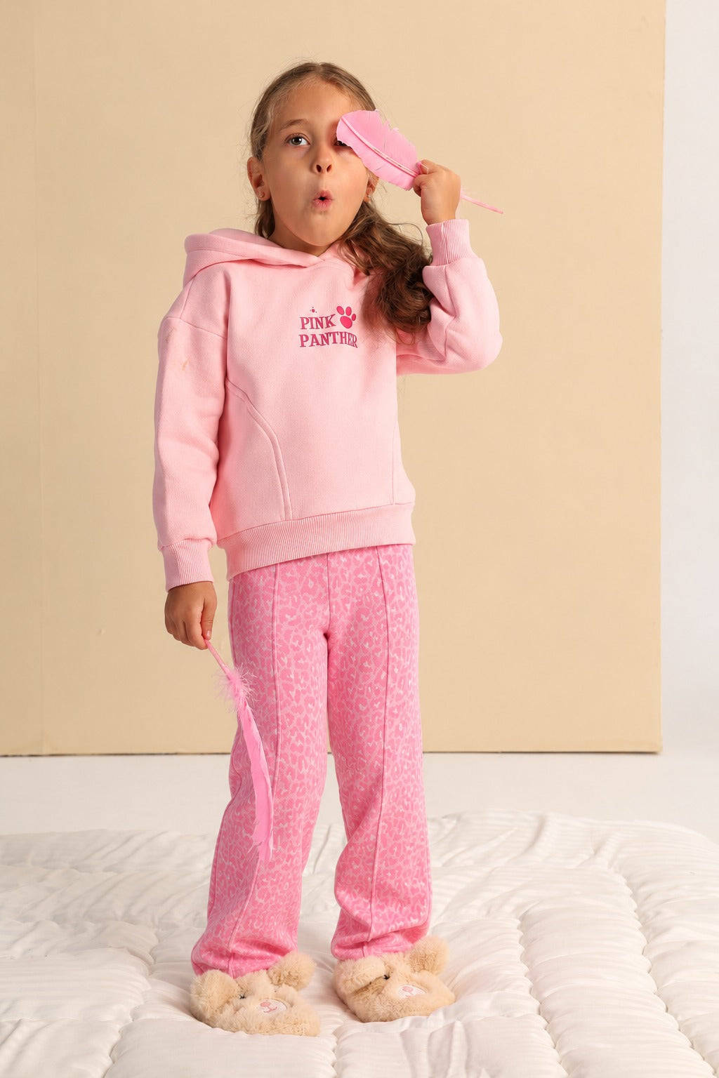 Girls’ Pink Panther Hoodie & Wide-Leg Pants Set – Pink Printed Casual 2-Piece Outfit
