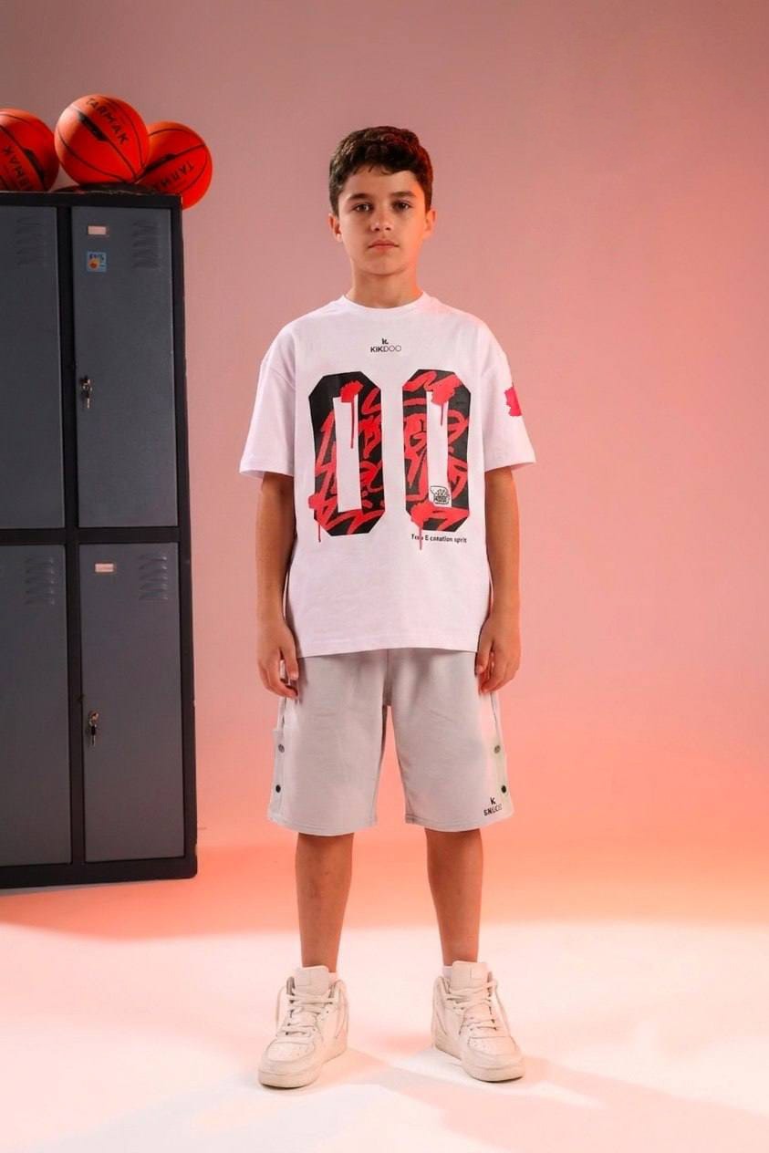 Boys Athletic T-Shirt & Shorts Set – White Graphic Summer Activewear
