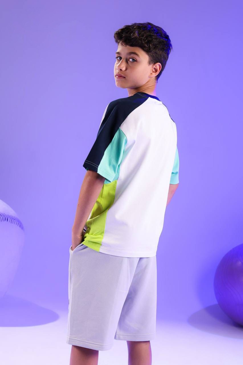 Boys Performance T-Shirt & Shorts Set – White & Green Athletic Summer Outfit