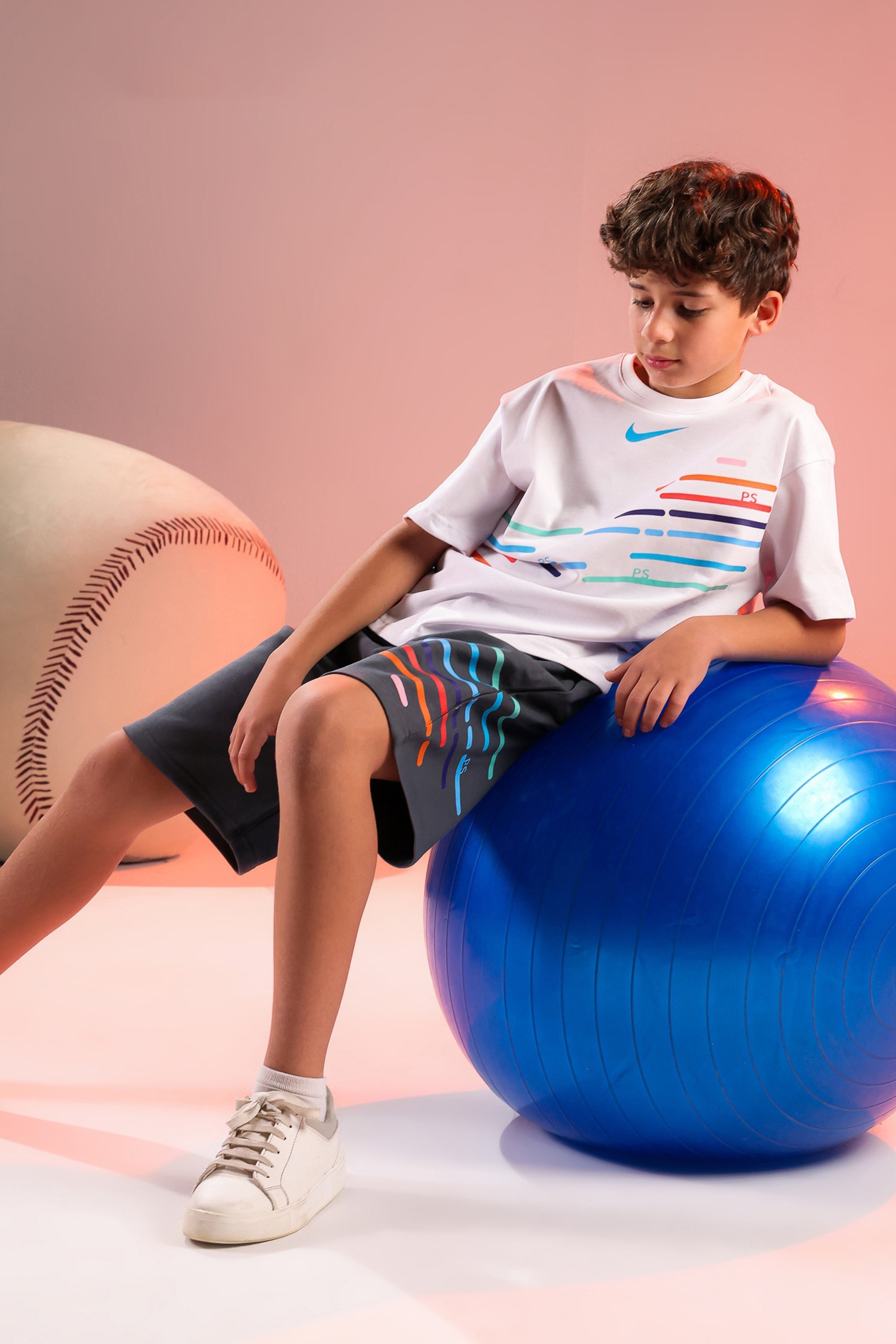 Boys White Graphic T-Shirt & Charcoal Sports Shorts Set