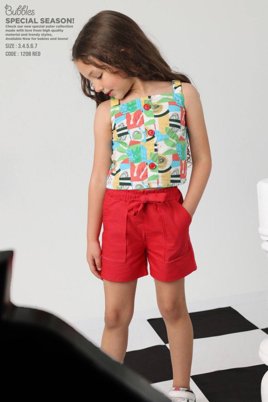 Girls Printed Sleeveless Top & Red Shorts Set – Summer Casual Outfit (size3-7)