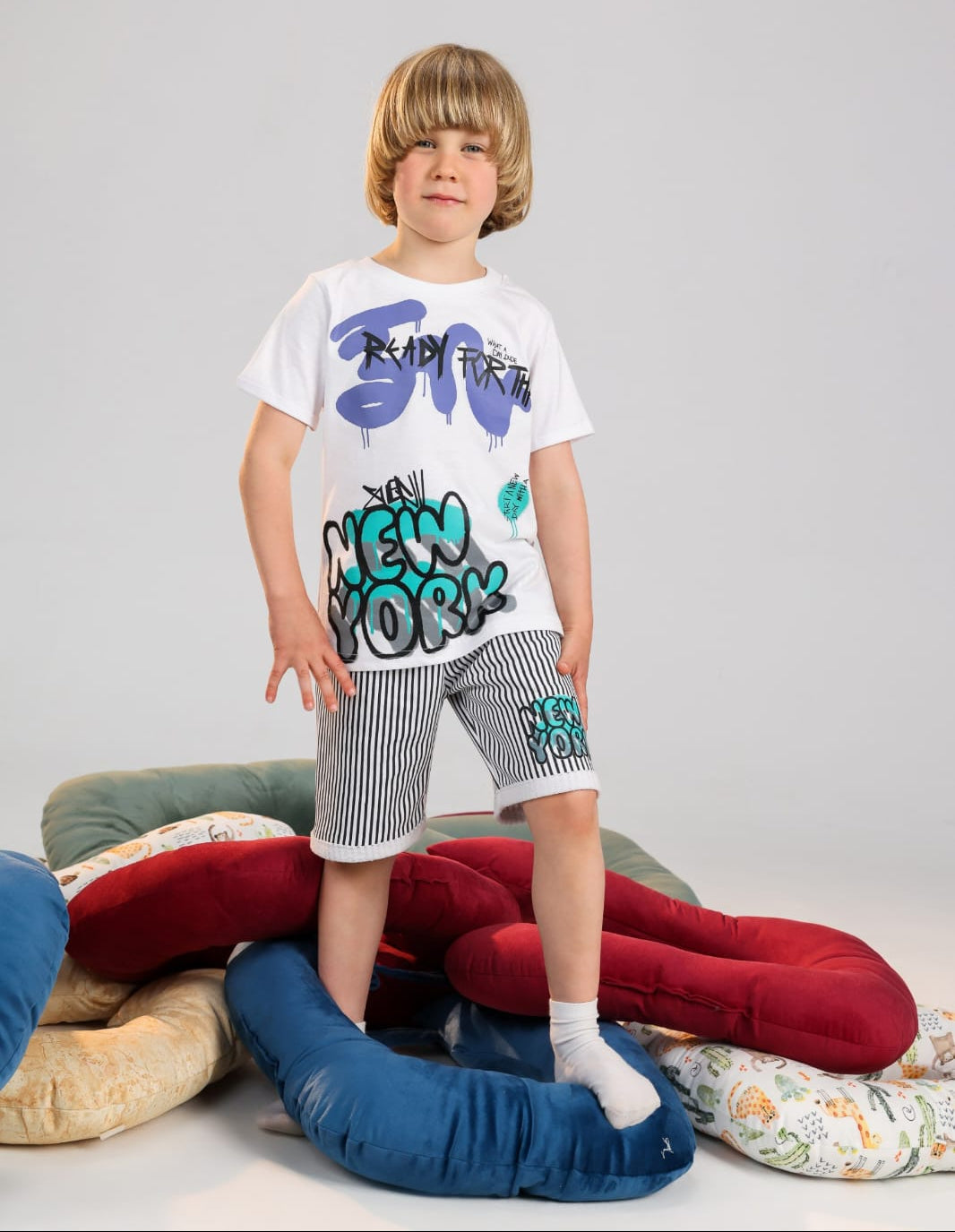 Boys graphic t-shirt and striped shorts casual summer outfit for ages 2-10 - Bubbles Kidswear Egypt