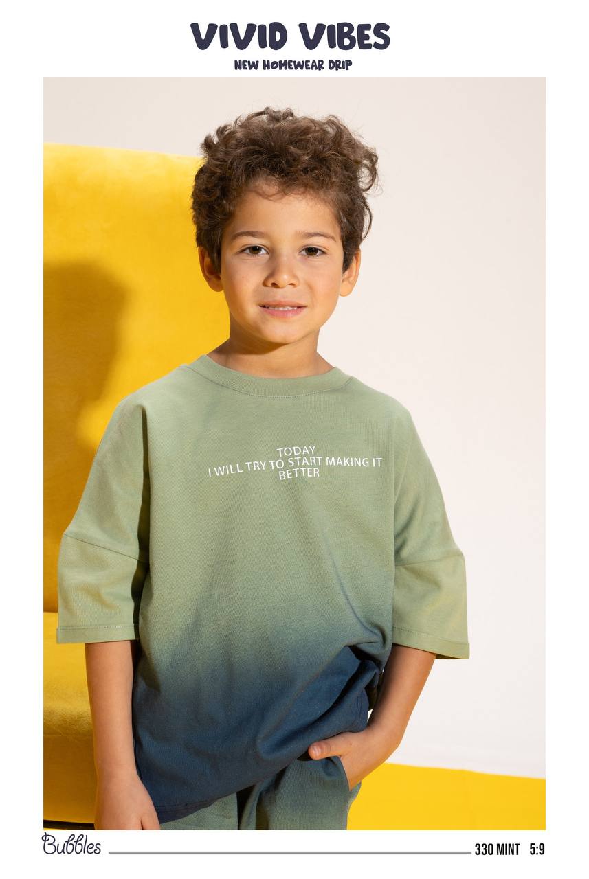 Kids Ombre T-Shirt & Shorts Set – Mint Green Casual Homewear Outfit (Sizes 5–9)