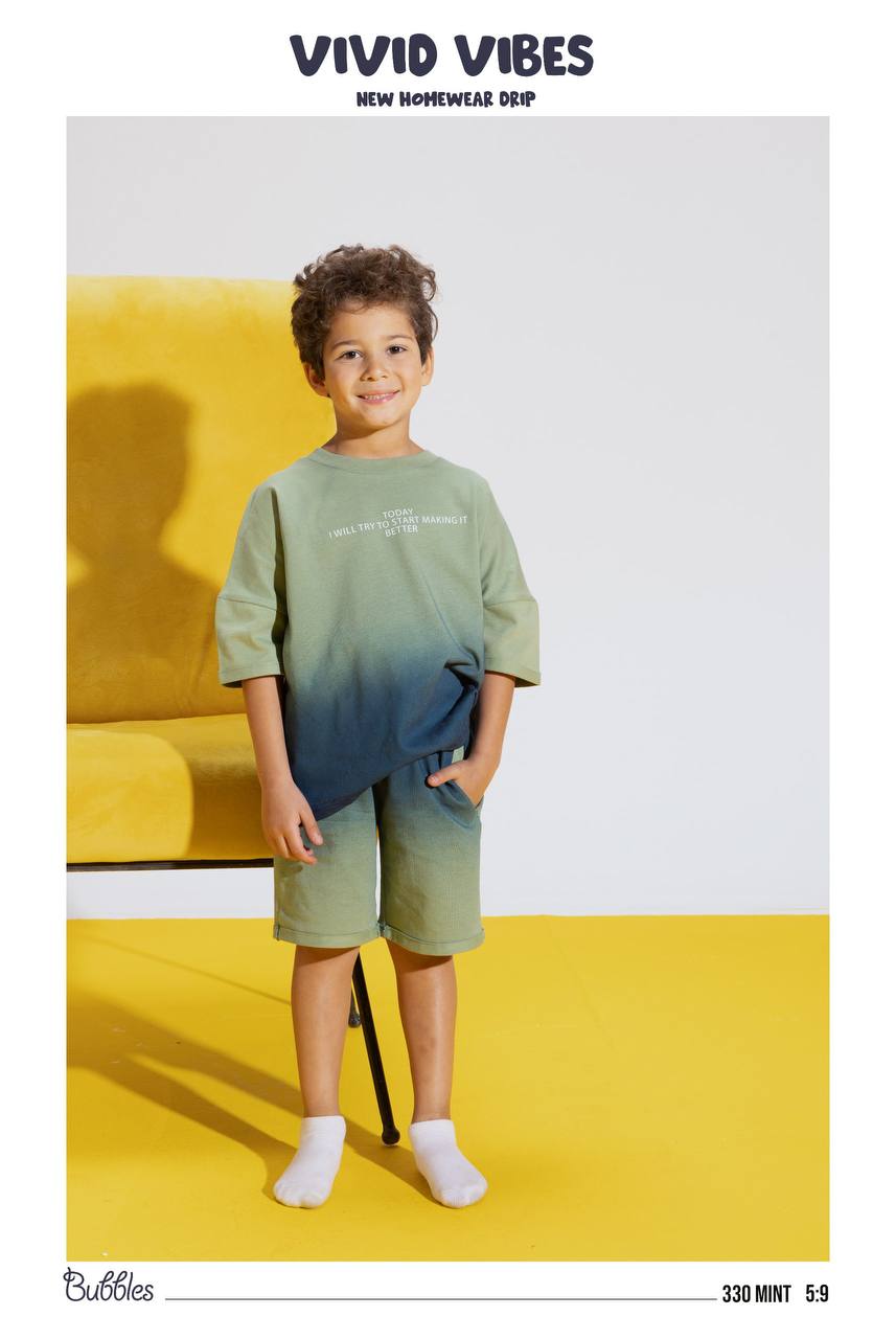Kids Ombre T-Shirt & Shorts Set – Mint Green Casual Homewear Outfit (Sizes 5–9)