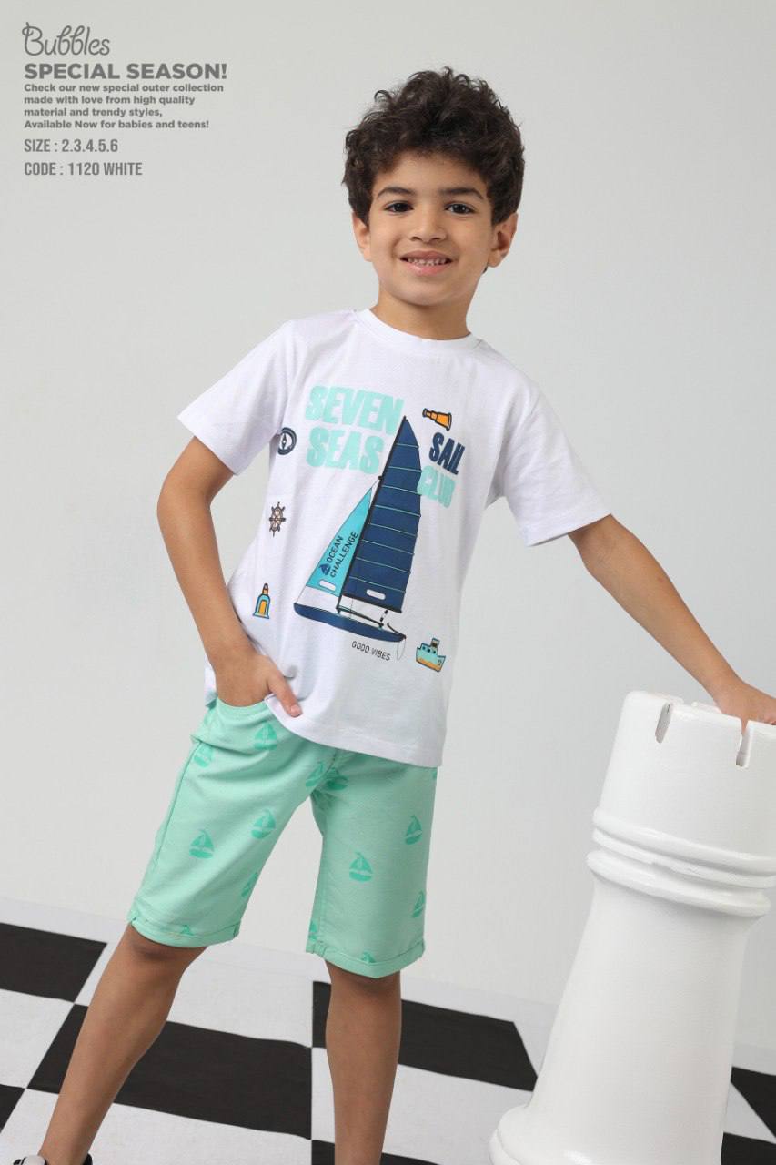 Boys Sailboat Graphic T-Shirt & Mint Shorts Set – Summer Casual Outfit (size2-6-White)