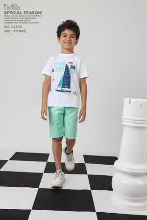 Boys sailboat graphic t-shirt and mint shorts white summer outfit for ages 2-6 - Bubbles Kidswear Egypt