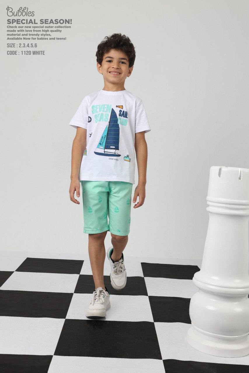 Boys Sailboat Graphic T-Shirt & Mint Shorts Set – Summer Casual Outfit (size2-6-White)