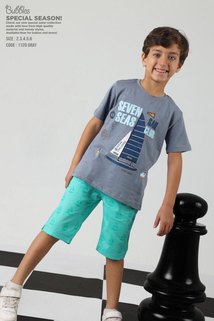 Boys Sailboat Graphic T-Shirt & Printed Shorts Set – Casual Summer Outfit in Gray & Mint (Sizes 2–6)