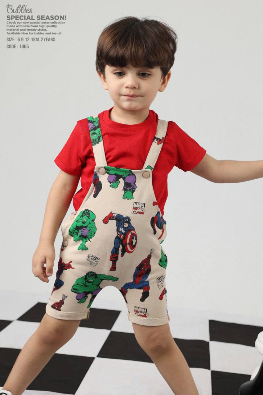 Toddler Marvel Printed Dungaree Shorts & Red T-Shirt Set – Kids Casual Outfit (Code 1005)
