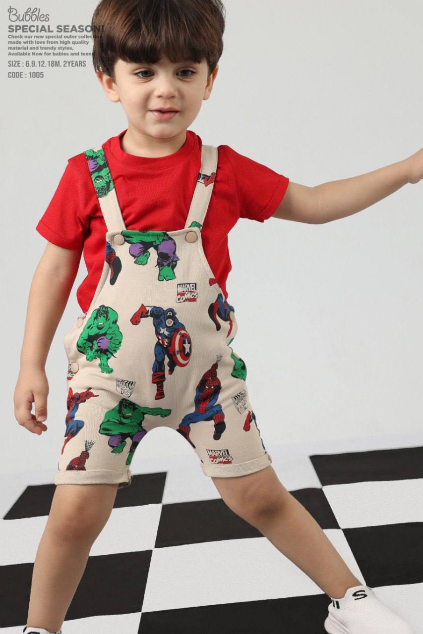 Toddler Marvel Printed Dungaree Shorts & Red T-Shirt Set – Kids Casual Outfit (Code 1005)