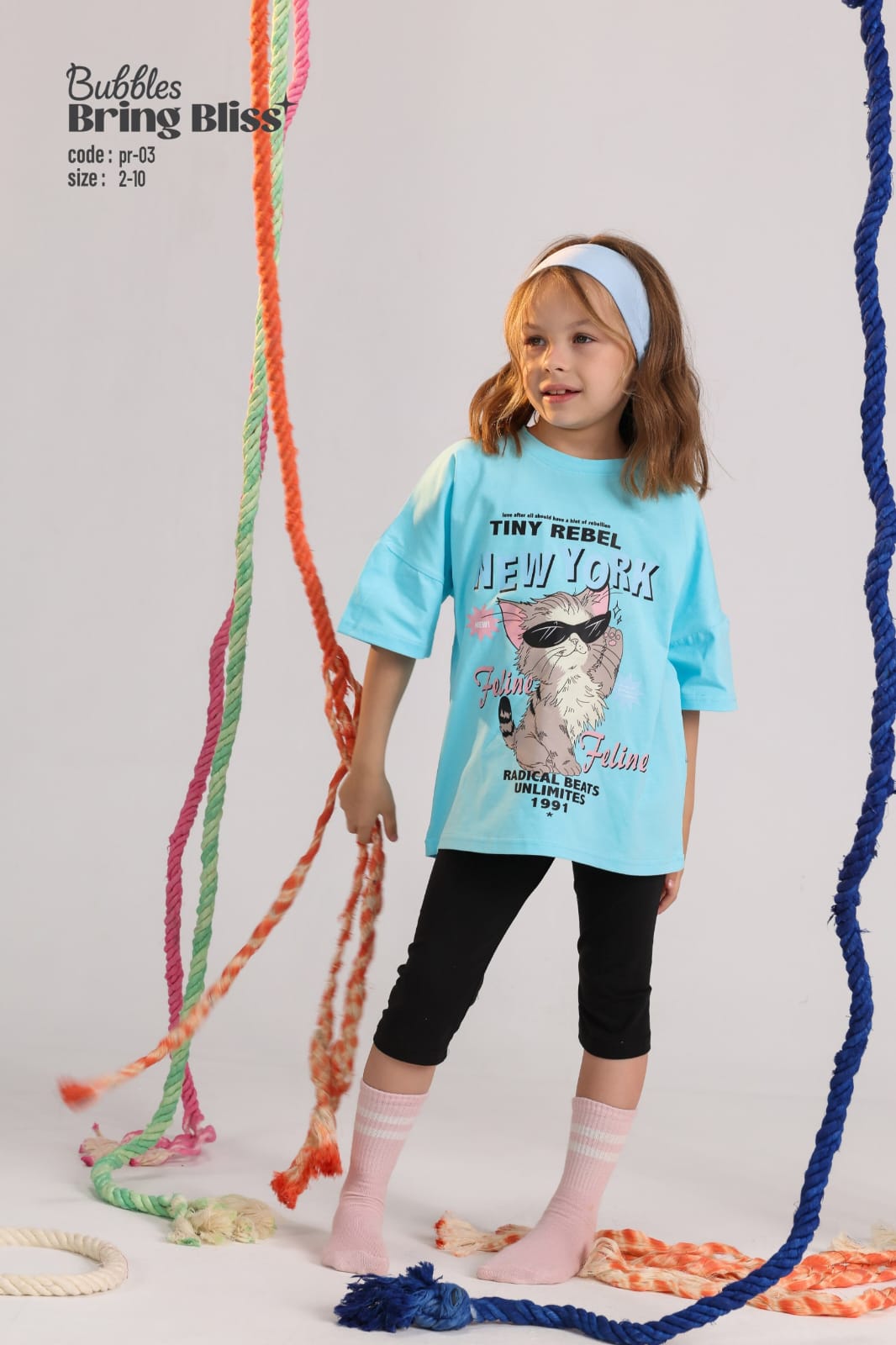 )Girls Turquoise Graphic T-Shirt – “Tiny Rebel New York” Cat Print | Kids Size 2–10 (PR-03