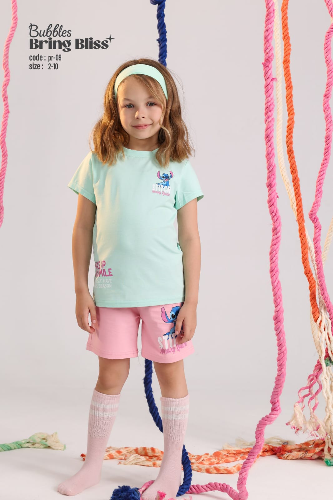 Girls Stitch Print T-Shirt & Shorts Set – Mint Green & Pink Kids Summer Outfit (Size 2–10)
