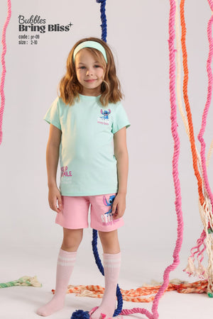 Girls Stitch print t-shirt and shorts mint green and pink summer outfit for ages 2-10 - Bubbles Kidswear Egypt