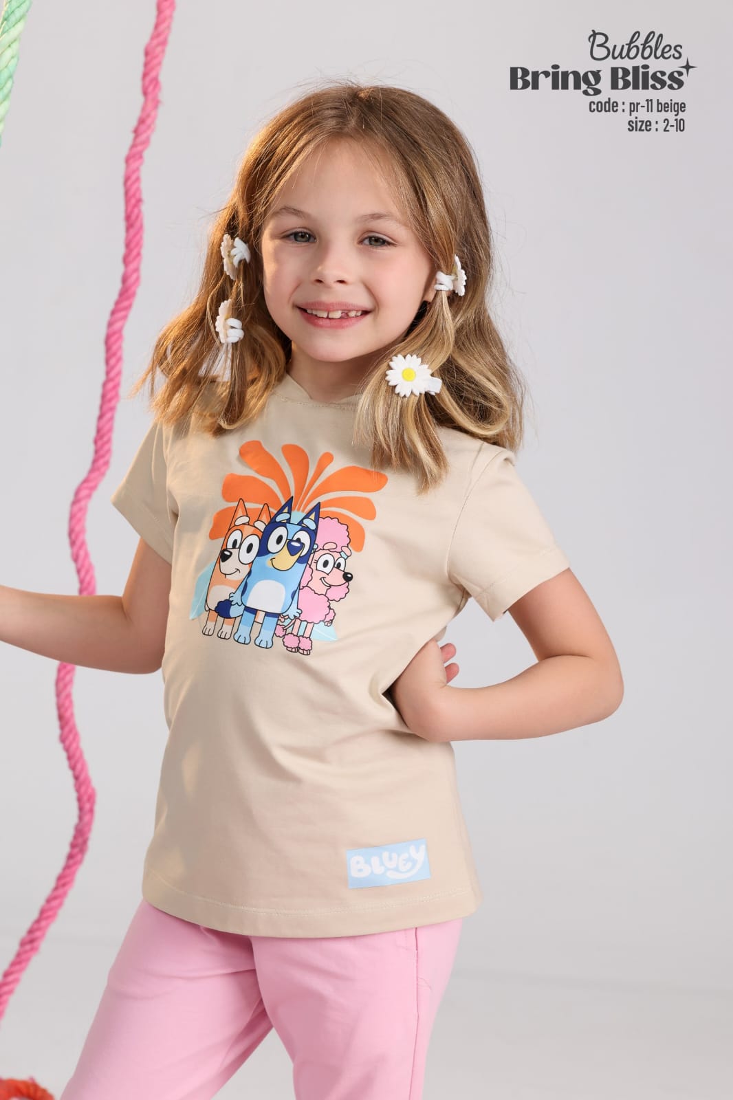 Girls Beige Bluey Graphic T-Shirt – Soft Cotton Kids Tee (Ages 2–10)