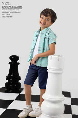 Boys mint printed shirt and navy shorts smart summer outfit for ages 3-7 - Bubbles Kidswear Egypt