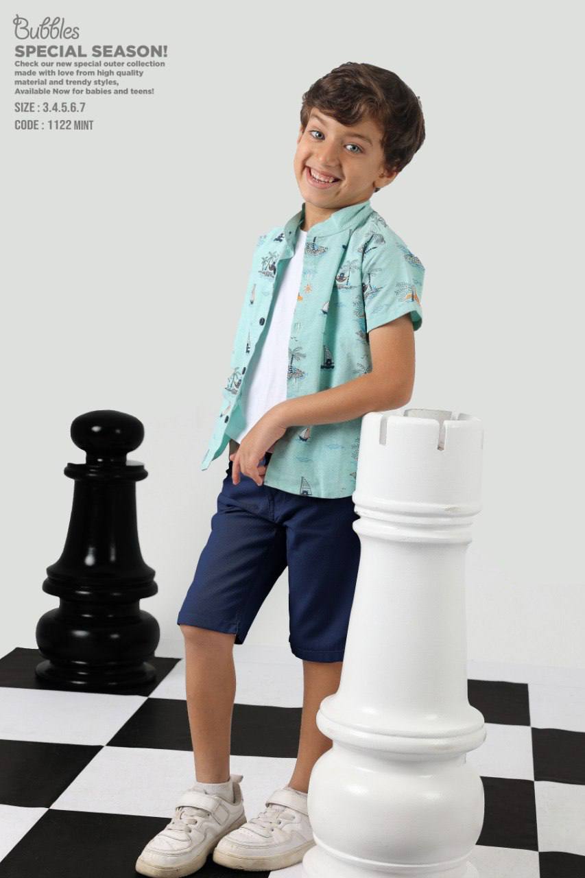 Boys Mint Printed Shirt & Navy Shorts Set – Casual Summer Outfit (size3-7)