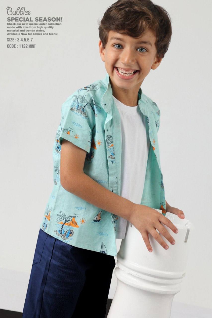 Boys Mint Printed Shirt & Navy Shorts Set – Casual Summer Outfit (size3-7)